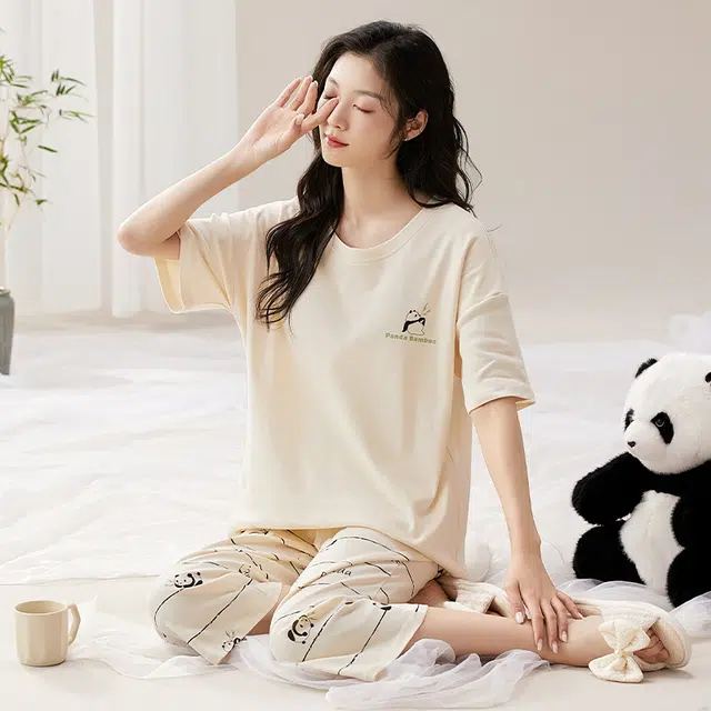 袋鼠 薄款舒适带胸垫防凸点短袖七分裤家居服韩版简约休闲可外穿睡衣套装 女款 杏色
