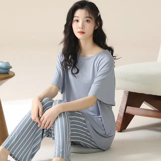 袋鼠 薄款休闲简约少女短袖条纹长裤时尚居家可外穿睡衣套装 女款
