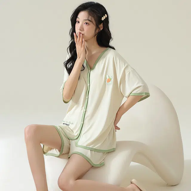 袋鼠 时尚清新简约宽松舒适透气轻薄休闲短袖防凸点可外穿夏季睡衣套装 女款 香槟色