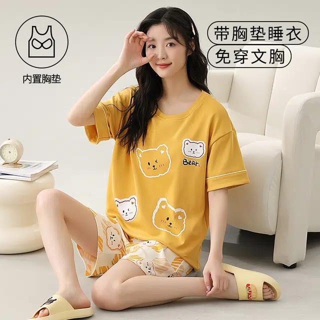 袋鼠 时尚卡通小清新短袖短裤亲肤轻薄透气可外穿少女睡衣套装 女款 土黄色