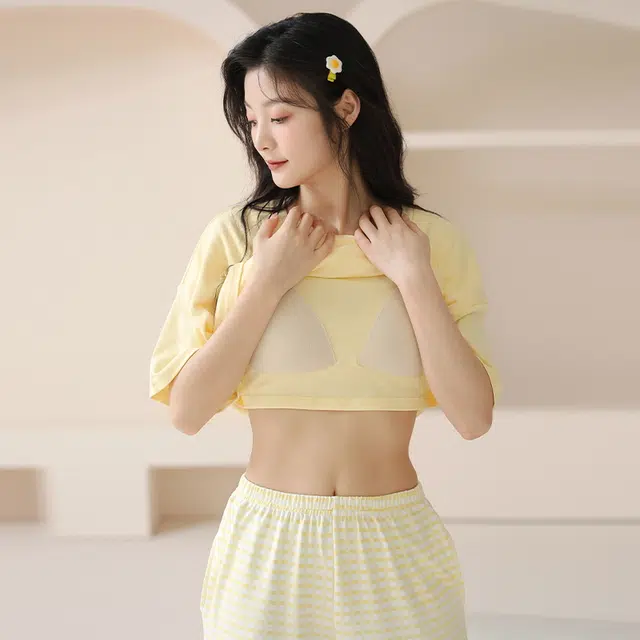 袋鼠 抗菌防螨小清新透气甜美柔软舒适圆领带胸垫防凸点短袖不勒腹长裤家居服可外穿睡衣套装 女款 黄色