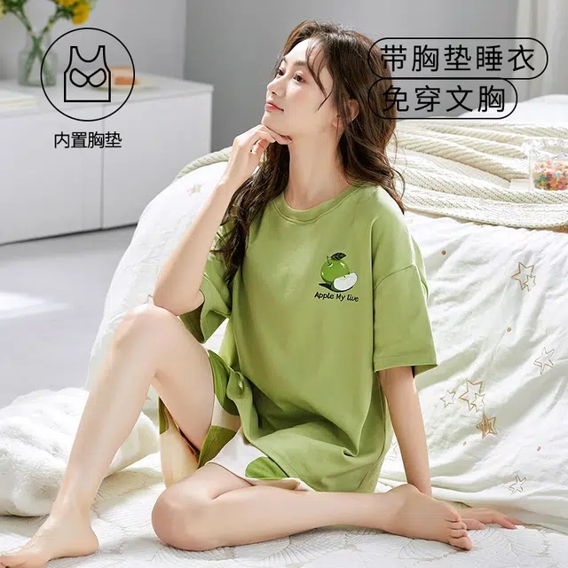 袋鼠 经典简约时尚印花宽松韩系舒适透气轻薄居家休闲短袖短裤带胸垫防凸点可外穿睡衣套装 女款 黄绿色