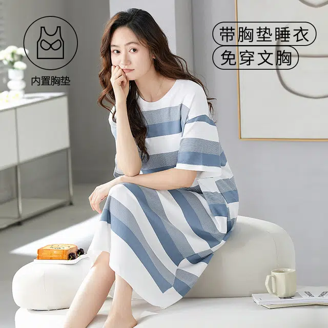 袋鼠 韩系条纹印花休闲居家舒适透气亲肤带胸垫可外穿短袖睡裙 女款 浅灰色