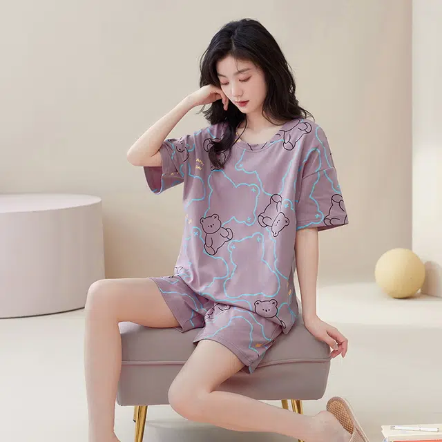 袋鼠 舒适小清新亲肤温柔凉爽休闲时尚防凸点自带胸垫短袖三分裤可居家可外穿睡衣套装 女款 紫罗兰