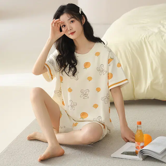 袋鼠 带胸垫防凸点亲肤短袖薄款透气三分裤睡衣套装 女款 杏色