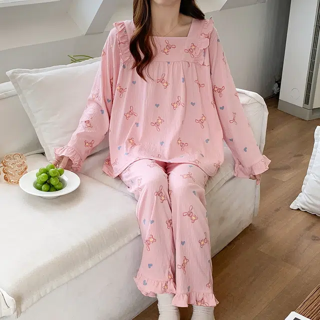 袋鼠 韩版舒适亲肤长袖长裤家居服可外穿甜美睡衣套装 女款 粉红色