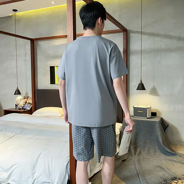 袋鼠 简约亲肤舒适时尚纯色透气短袖休闲可外穿经典七分裤夏季睡衣套装 男款 亮钢蓝