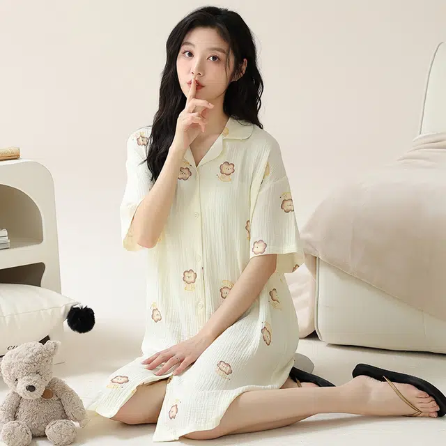 袋鼠 时尚卡通开衫满印短袖舒适透气亲肤可外穿睡裙 女款 杏色