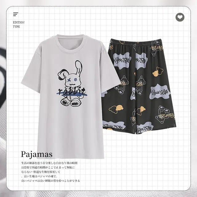 袋鼠 薄款韩版卡通短袖时尚满印短裤休闲居家可外穿家居服夏季睡衣套装 男款 浅灰色
