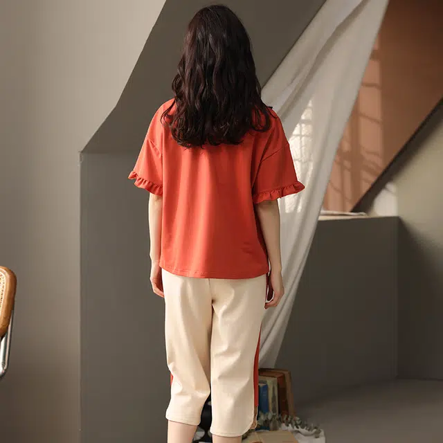 袋鼠 休闲印花纯色宽松休闲短袖七分裤可外穿少女睡衣套装 女款 橙红色
