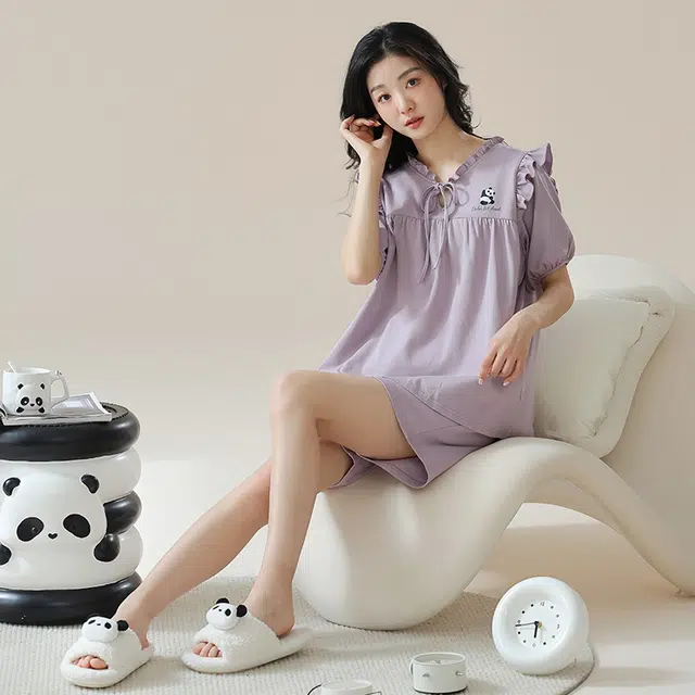 袋鼠 简约时尚经典亲肤微弹舒适透气轻薄居家休闲短袖三分裤可外穿睡衣套装 女款 紫罗兰