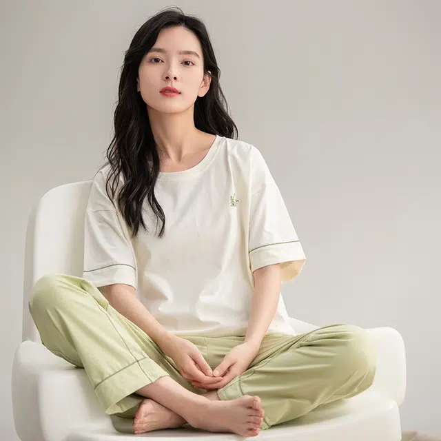 袋鼠 抗菌防螨透气清爽甜美超柔软舒适套头圆领短袖长裤家居服可外穿睡衣套装 女款 浅绿色