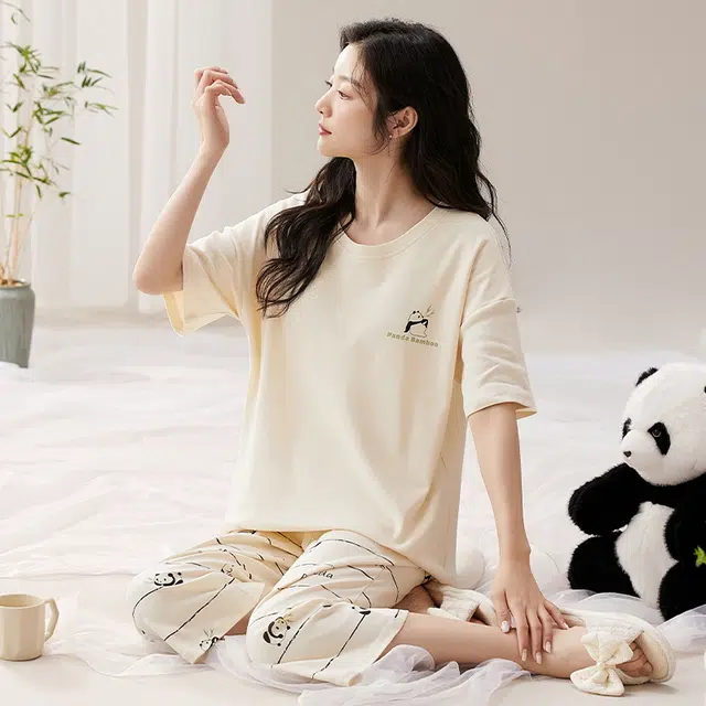 袋鼠 薄款舒适带胸垫防凸点短袖七分裤家居服韩版简约休闲可外穿睡衣套装 女款 杏色