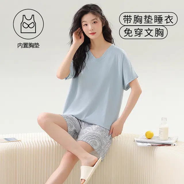袋鼠 韩系居家休闲轻薄舒适透气亲肤纯色短袖三分短裤带胸垫防凸点可外穿少女睡衣套装 女款 浅蓝色