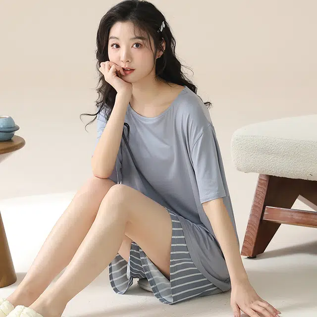 袋鼠 休闲简约短袖条纹可外穿睡衣套装 女款 亮钢蓝