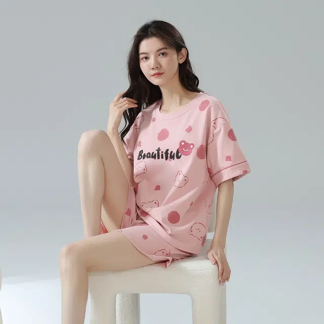 袋鼠 卡通纯色满印印花透气轻薄纯棉舒适带胸垫短袖休闲居家可外穿少女短裤睡衣套装 女款 粉红色