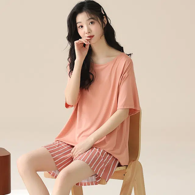袋鼠 简约短袖条纹透气亲肤可外穿睡衣套装 女款 虾红