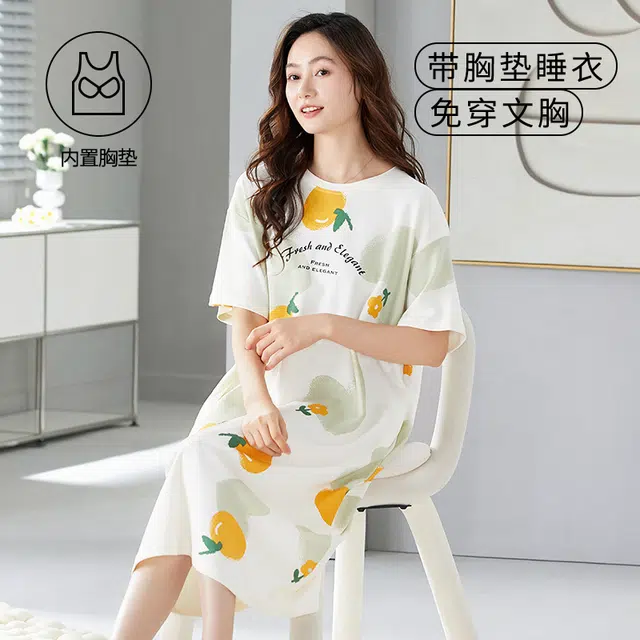 袋鼠 韩系印花满印休闲居家舒适透气亲肤短袖带胸垫可外穿睡裙 女款 象牙白
