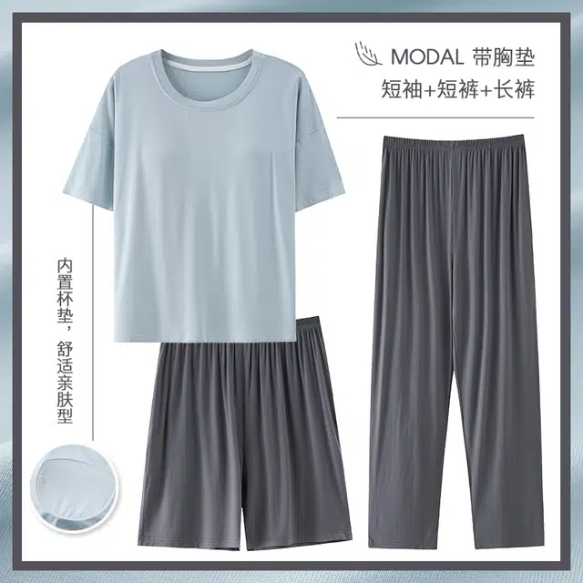 袋鼠 简约柔软透气亲肤轻薄短袖休闲居家睡衣套装 女款 蓝色