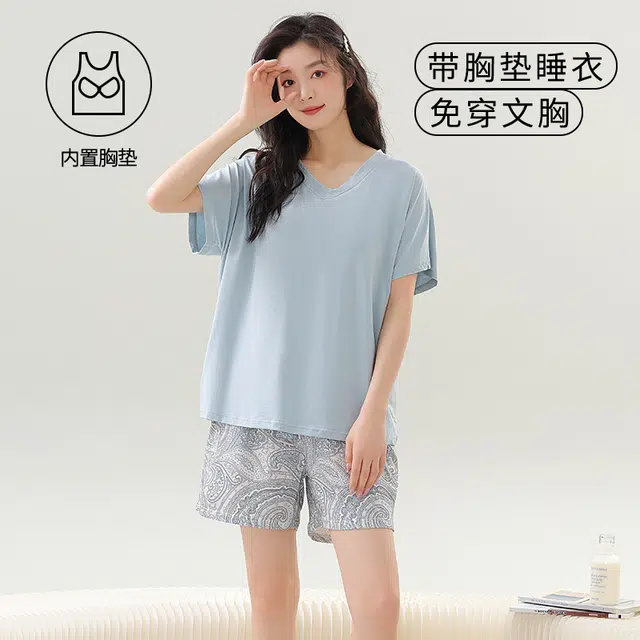袋鼠 韩系居家休闲轻薄舒适透气亲肤纯色短袖三分短裤带胸垫防凸点可外穿少女睡衣套装 女款 浅蓝色
