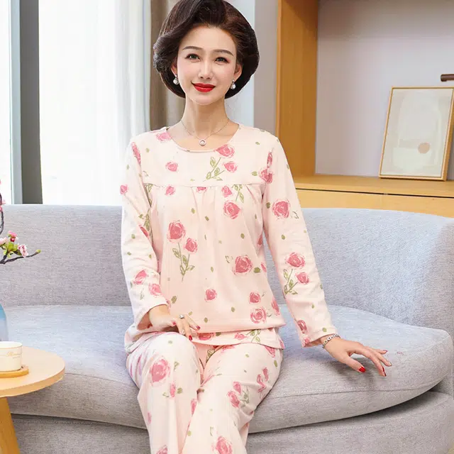 袋鼠 细腻亲肤舒适柔软透气微弹耐磨吸湿排汗开衫长袖长裤不勒腹可居家休闲可外穿睡衣套装 女款 杏色