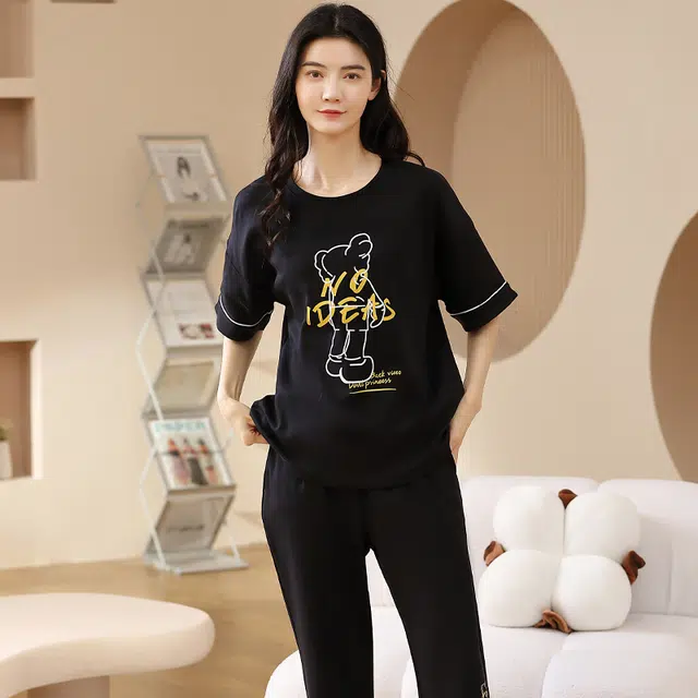 袋鼠 时尚纯色印花舒适亲肤短袖可外穿休闲少女长裤睡衣套装 女款 黑色