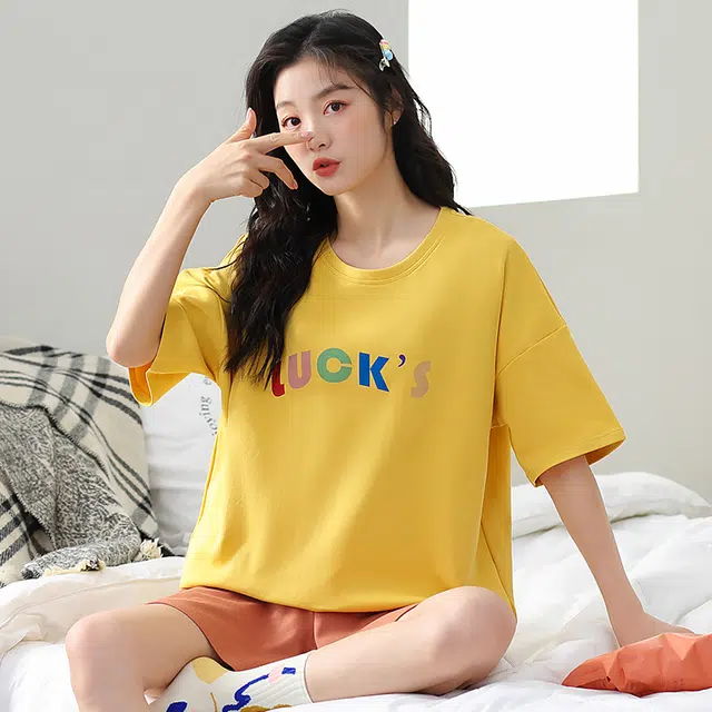 袋鼠 纯色印花薄款透气舒适短袖三分裤可外穿睡衣套装 女款 金色