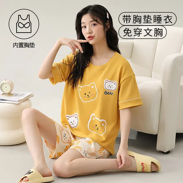 袋鼠 时尚卡通小清新短袖短裤亲肤轻薄透气可外穿少女睡衣套装 女款 土黄色