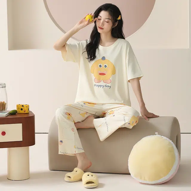袋鼠 抗菌防螨透气小清新甜美舒适圆领套头短袖长裤家居服可外穿睡衣套装 女款 杏色