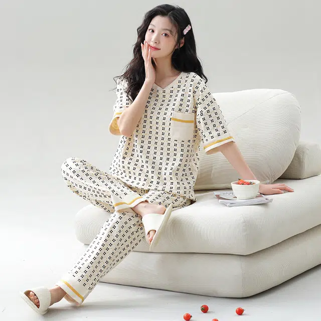 袋鼠 纯色韩系印花时尚舒适透气短袖轻薄亲肤可外穿休闲少女长裤睡衣套装 女款 象牙白