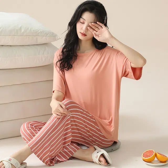 袋鼠 简约短袖条纹松紧腰长裤透气亲肤可外穿睡衣套装 女款 虾红