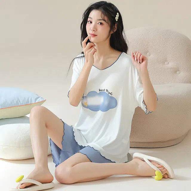 袋鼠 薄款带胸垫防凸点卡通云朵印花学生短袖五分短裤韩版休闲居家可外穿清新少女甜美睡衣套装 女款 白色