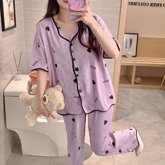 袋鼠 薄款带胸垫防凸点开衫短袖提花素色家居服可甜美可外穿少女长裤睡衣套装 女款 香芋紫