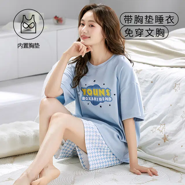 袋鼠 经典简约时尚印花宽松韩系舒适透气轻薄居家休闲短袖短裤带胸垫防凸点可外穿睡衣套装 女款 浅蓝色