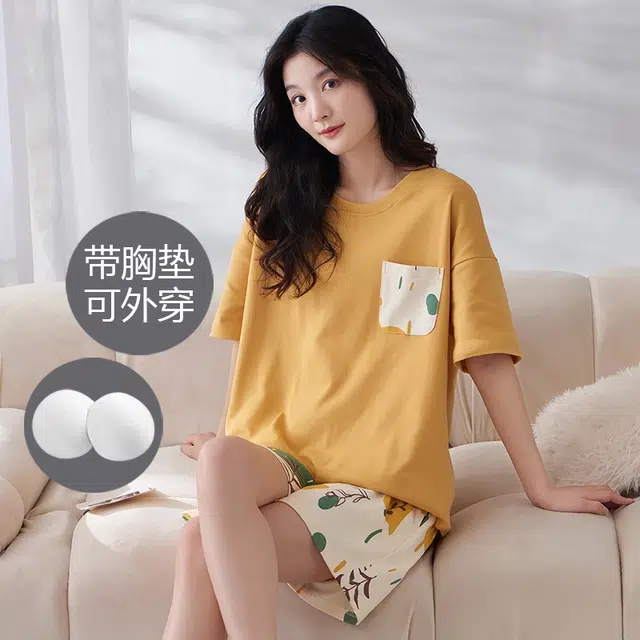 袋鼠 韩版舒适小清新凉爽简约时尚亲肤休闲带胸垫防凸点免穿文胸短袖三分裤可居家可外穿睡衣套装 女款 桔红色