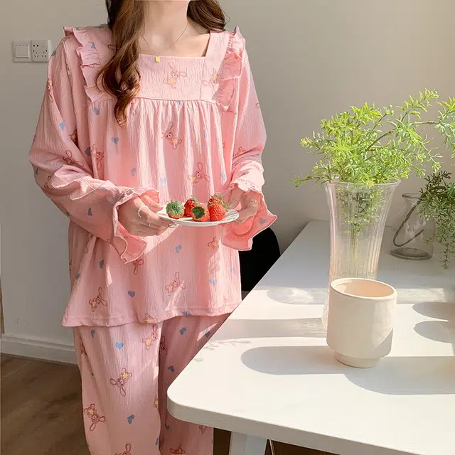 袋鼠 韩版舒适亲肤长袖长裤家居服可外穿甜美睡衣套装 女款 粉红色