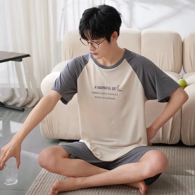 袋鼠 时尚亲肤舒适耐磨柔软圆领短袖可居家可外穿睡衣套装 男款 杏色