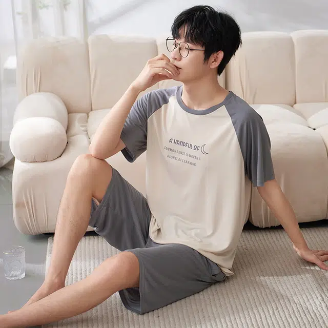 袋鼠 时尚亲肤舒适耐磨柔软圆领短袖可居家可外穿睡衣套装 男款 杏色