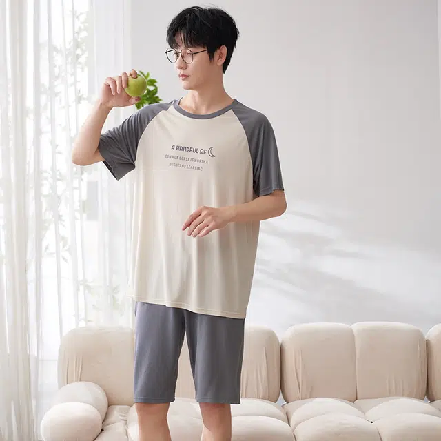 袋鼠 时尚亲肤舒适耐磨柔软圆领短袖可居家可外穿睡衣套装 男款 杏色