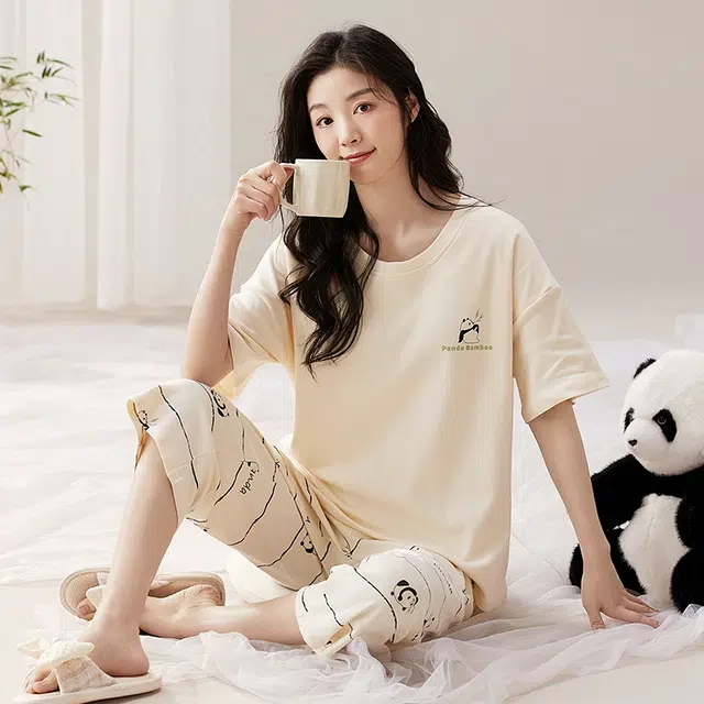 袋鼠 薄款舒适带胸垫防凸点短袖七分裤家居服韩版简约休闲可外穿睡衣套装 女款 杏色