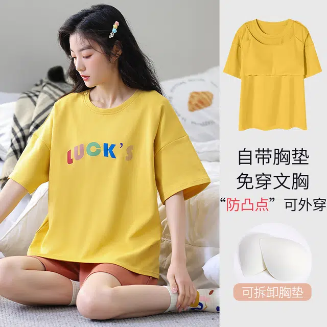 袋鼠 印花纯色小清新韩系简约时尚舒适透气轻薄亲肤短袖三分裤可外穿睡衣套装 女款 金色