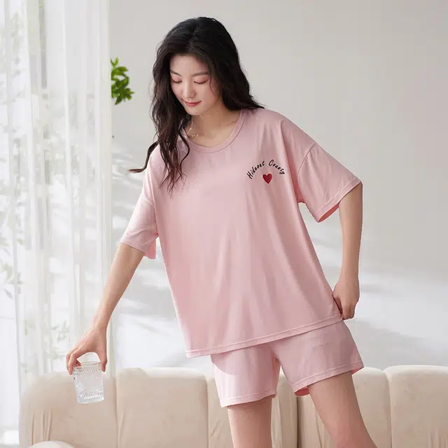 袋鼠 透气甜美清爽柔软舒适圆领套头短袖三分裤带胸垫防凸点家居服可外穿睡衣套装 女款 粉红色