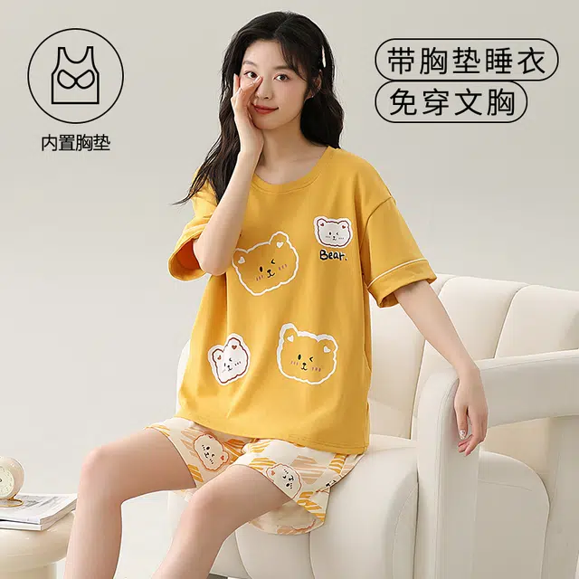 袋鼠 时尚卡通小清新短袖短裤亲肤轻薄透气可外穿少女睡衣套装 女款 土黄色