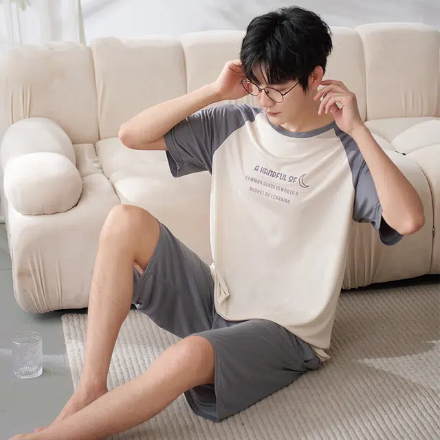 袋鼠 时尚亲肤舒适耐磨柔软圆领短袖可居家可外穿睡衣套装 男款 杏色