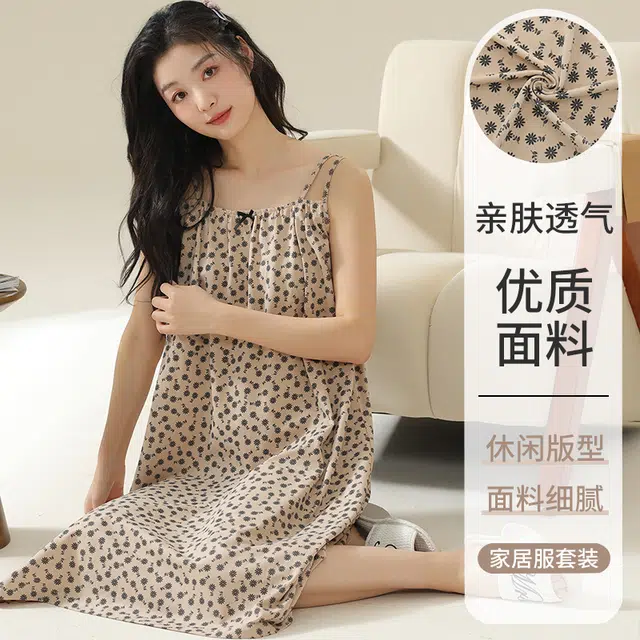 袋鼠 碎花满印舒适透气亲肤无袖睡裙 女款 卡其色