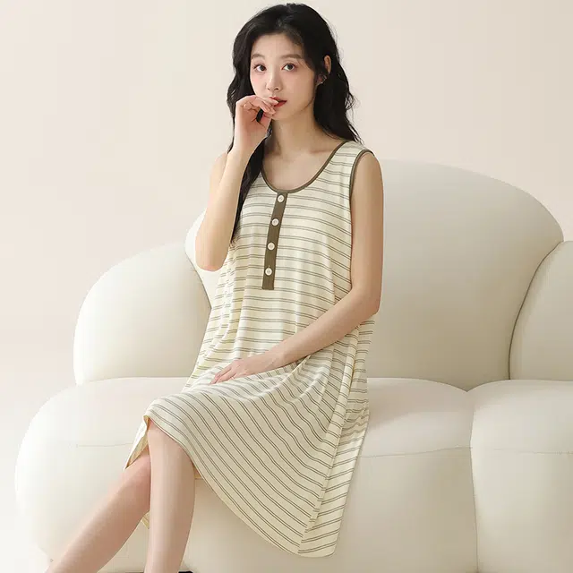 袋鼠 简约舒适透气条纹无袖睡裙 女款 杏色