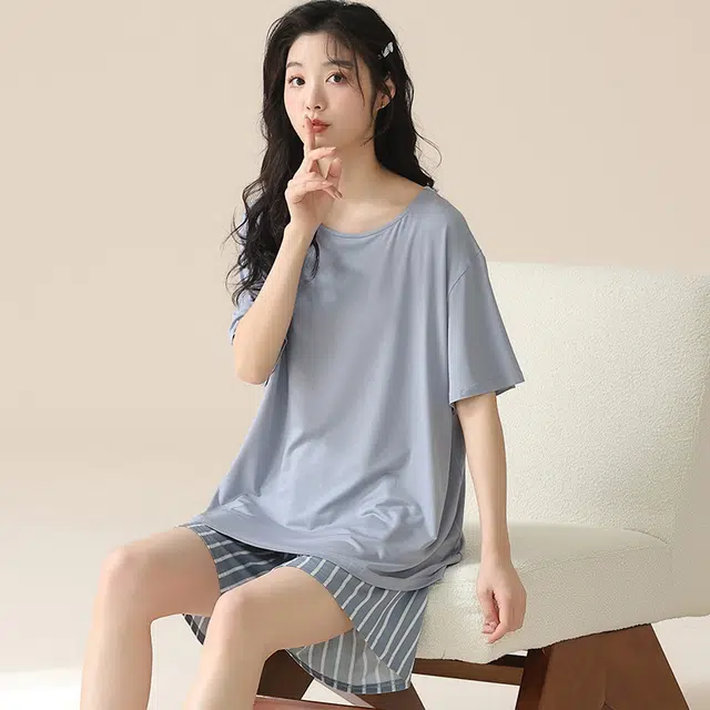 袋鼠 休闲简约短袖条纹可外穿睡衣套装 女款 亮钢蓝