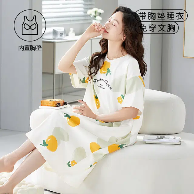 袋鼠 韩系印花满印休闲居家舒适透气亲肤短袖带胸垫可外穿睡裙 女款 象牙白