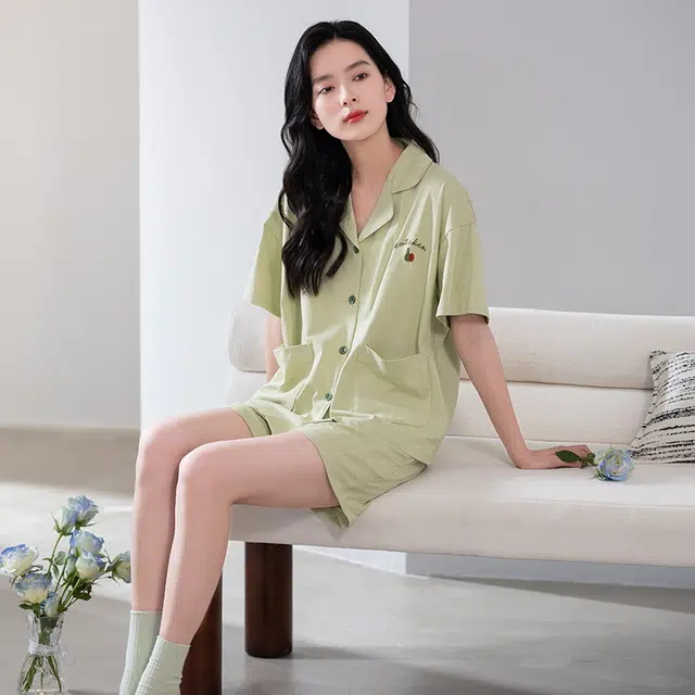 袋鼠 休闲细腻轻薄温柔亲肤舒适柔软透气微弹短袖三分裤不勒腹居家可外穿睡衣套装 女款 绿色