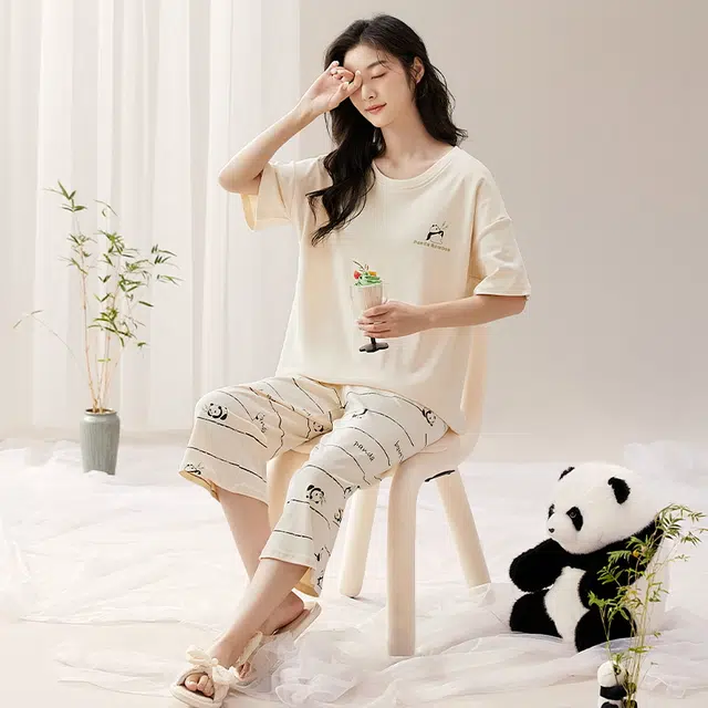 袋鼠 薄款舒适带胸垫防凸点短袖七分裤家居服韩版简约休闲可外穿睡衣套装 女款 杏色